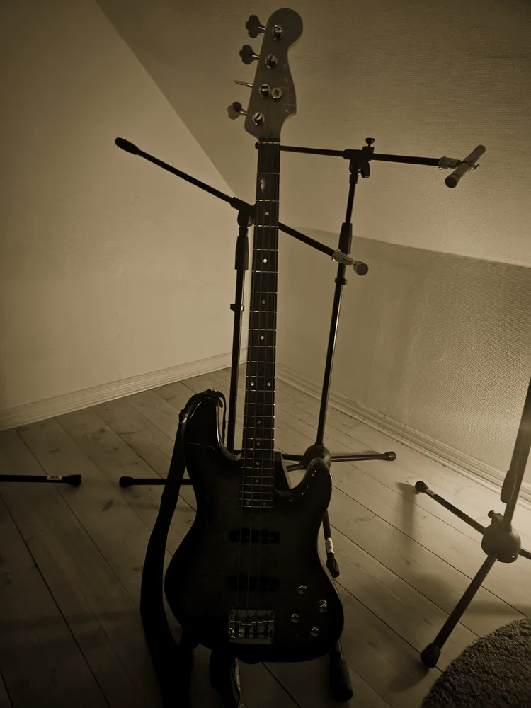 Bass guitar between two microphone stands under the sloped ceiling